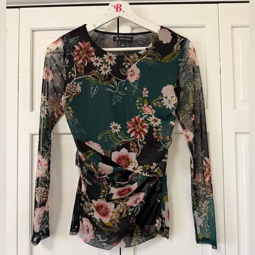INC International Concepts Floral Mesh Blouse Sheer Dark Floral Whimsigoth Fairy